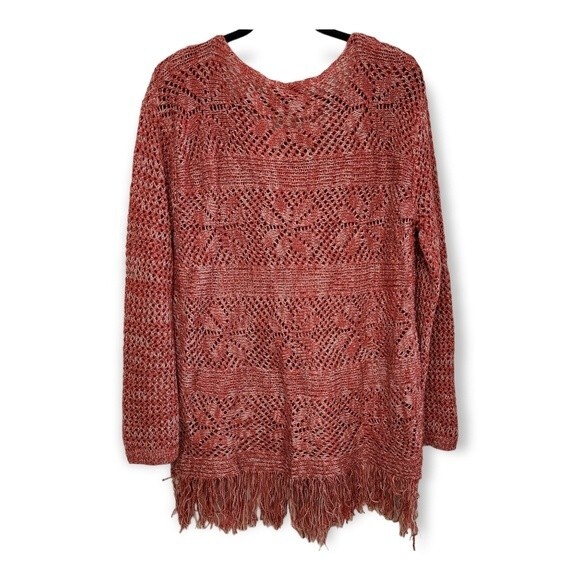 Fringe Sweater Loose Knit Rust Orange & Tan Size XL - Picture 2 of 6